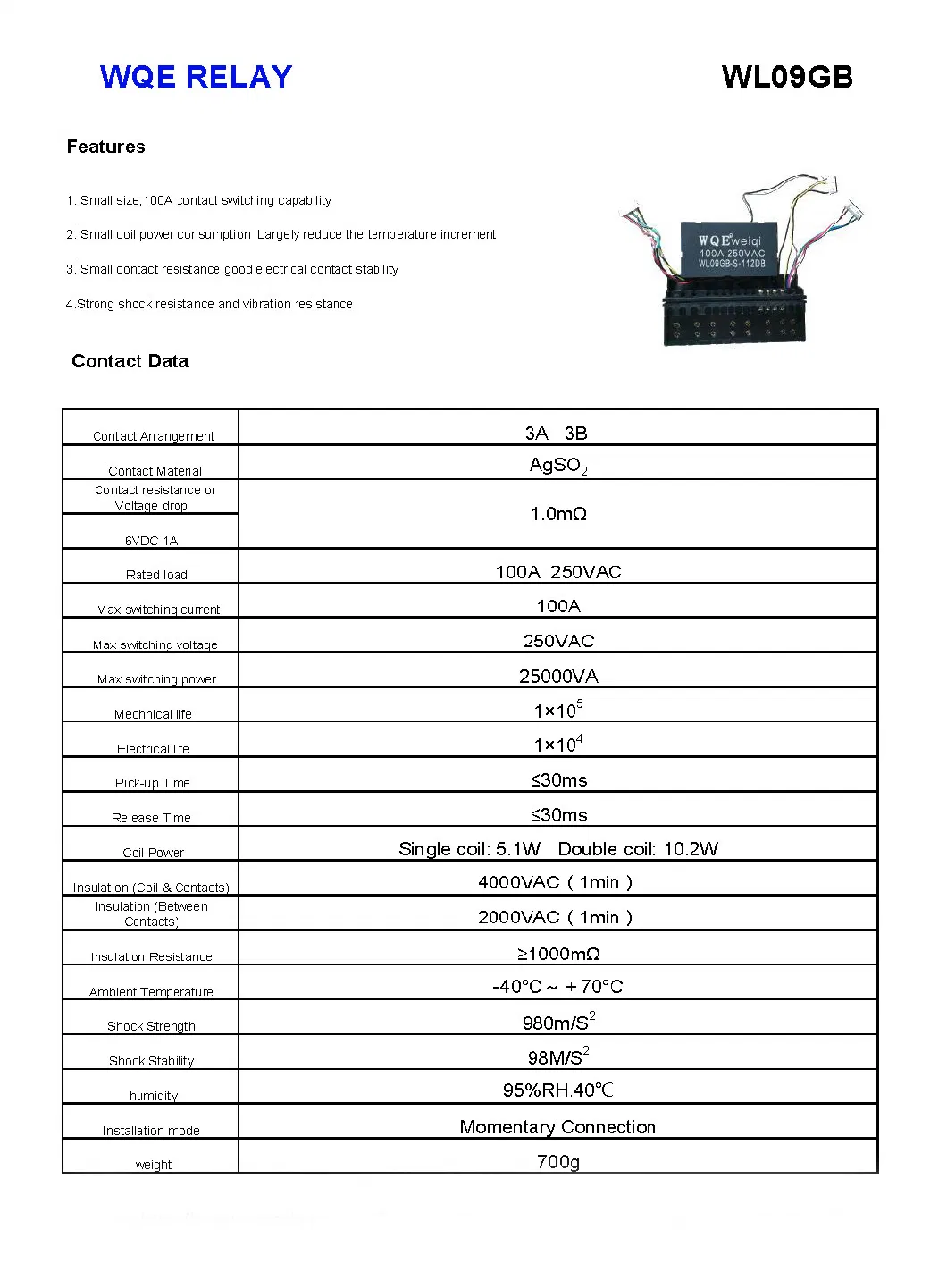 100A 250VAC Long Service Life Anti Vibration Compliant Magnetic Latching Relay Wl09GB 3A 3b Contact Form